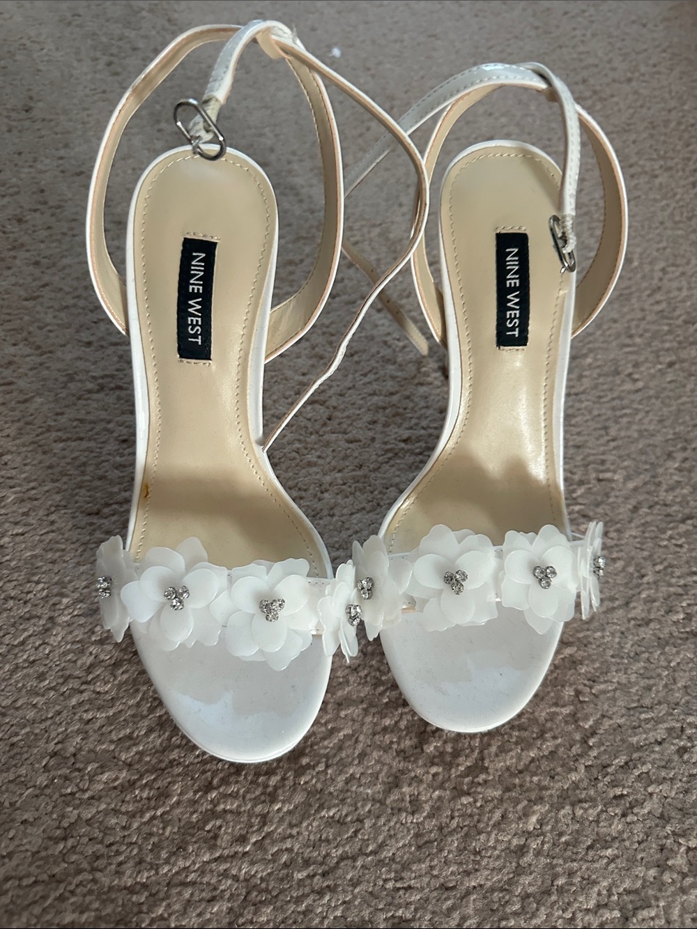 Nine West White Floral Ankle-Strap Heels